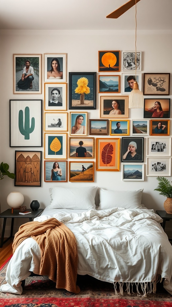 A stylish boho bedroom featuring a gallery wall with various framed artworks and photographs.
