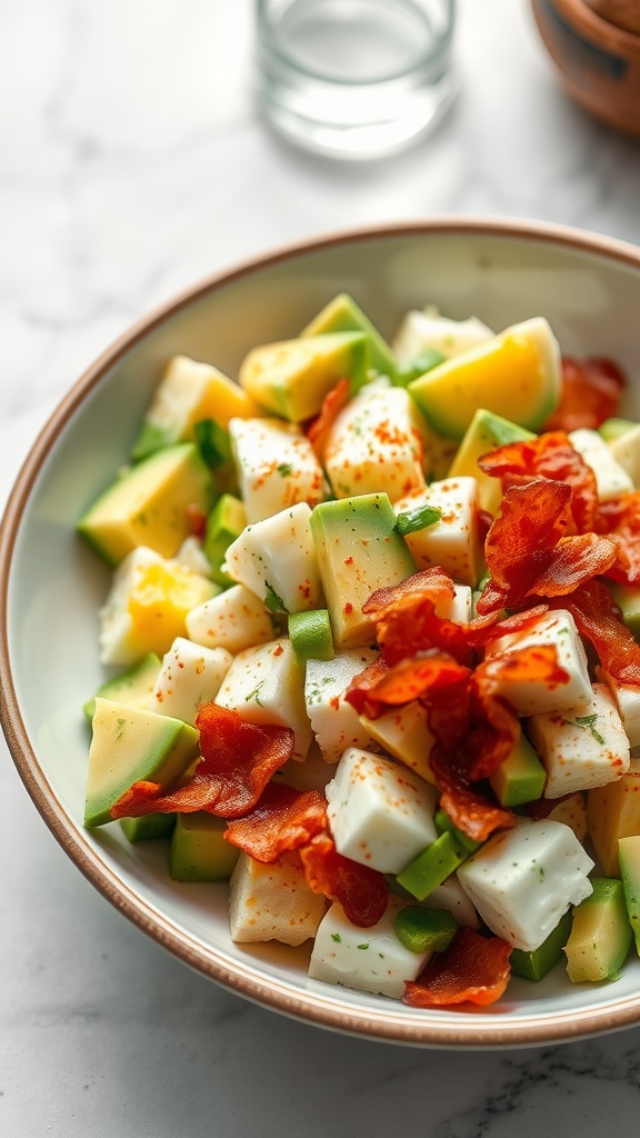 A bowl of avocado and bacon egg salad with cubes of avocado, bacon, and chopped green vegetables.