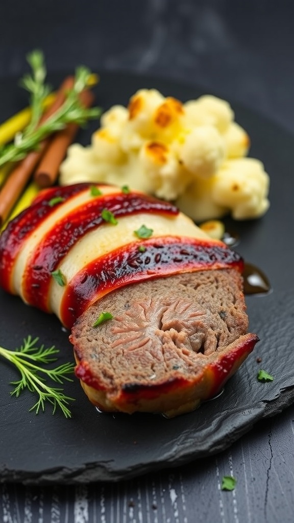 A gourmet bacon-wrapped filet mignon served on a black plate with garnish