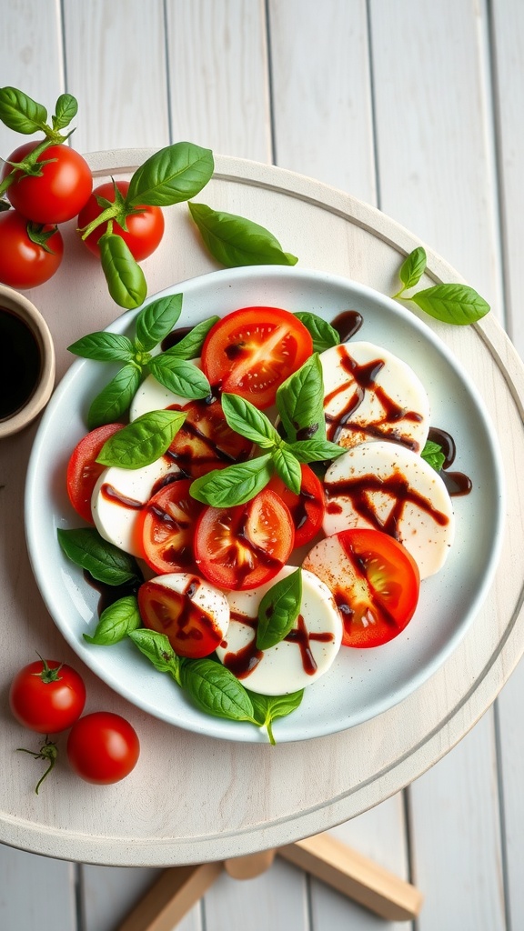 A plate of Caprese salad featuring sliced tomatoes, mozzarella, and fresh basil, drizzled with balsamic glaze.