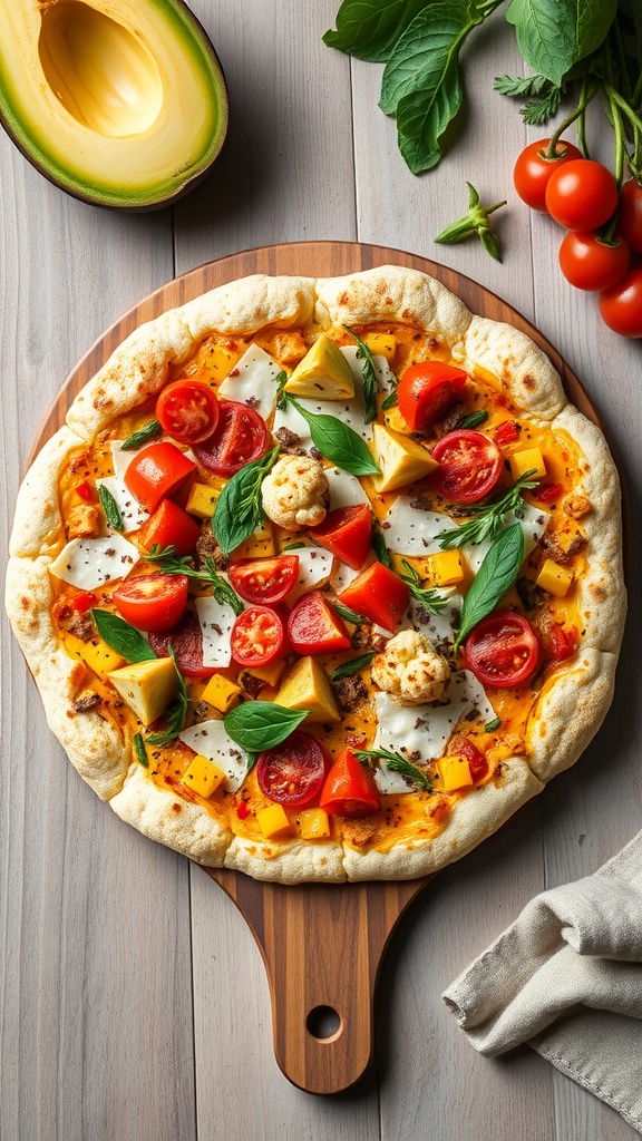 A cauliflower pizza topped with colorful fresh vegetables and cheese on a wooden board