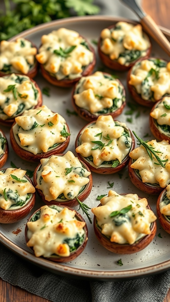 Plate of cheesy spinach stuffed mushrooms garnished with herbs.