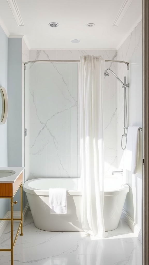 A modern bathroom featuring a freestanding tub, marble walls, and a sleek shower area with a white curtain.