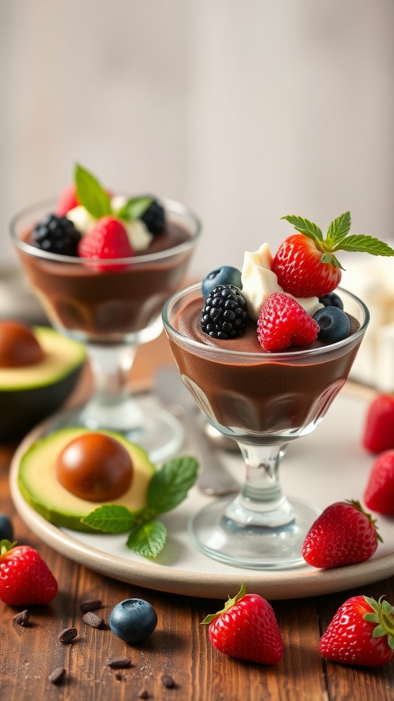 Two glasses of chocolate avocado mousse topped with berries and mint leaves.