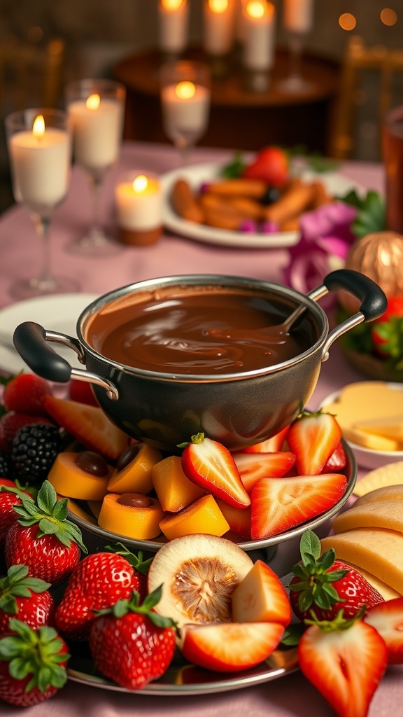 Chocolate fondue with fresh fruits on a table
