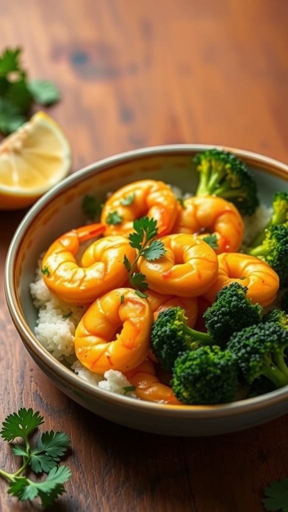 A bowl of Coconut Curry Shrimp with Broccoli featuring bright orange shrimp and green broccoli on a wooden table.
