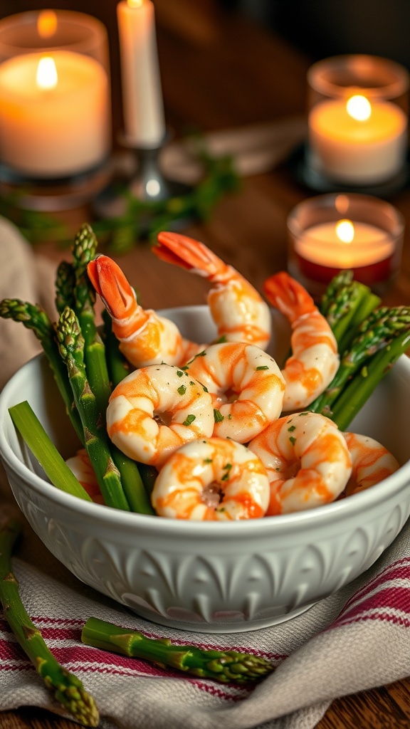 A bowl of creamy garlic shrimp with asparagus, surrounded by candles.