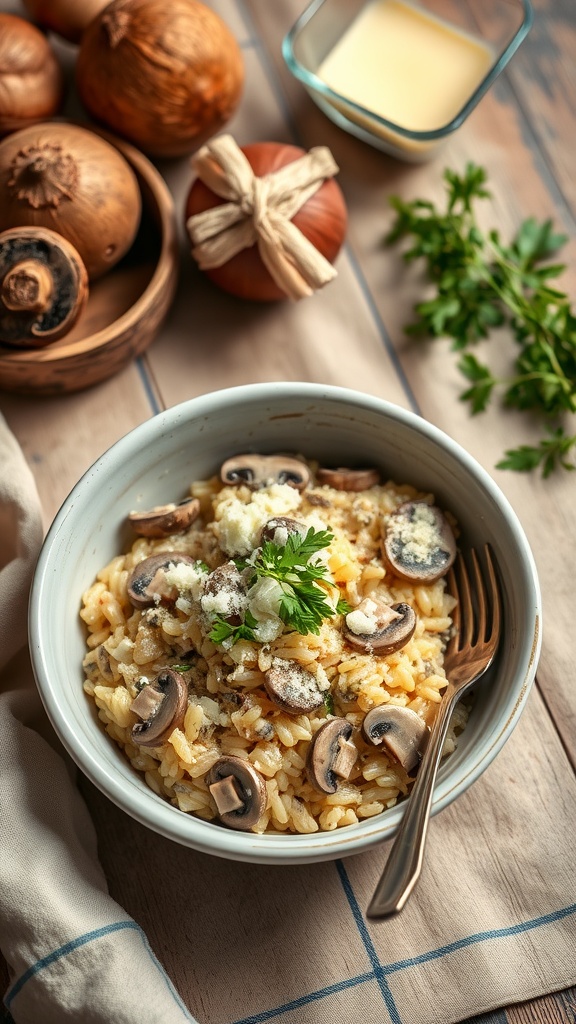 A bowl of creamy mushroom risotto with fresh parsley, surrounded by onions and a small bowl of cream.