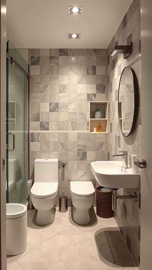 A modern small bathroom featuring a glass shower, stylish tiles, and efficient use of space.