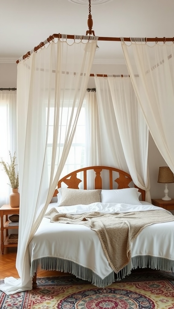A cozy boho bedroom featuring a canopy bed with soft curtains.