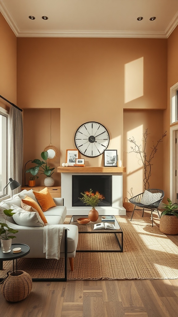 Cozy living room featuring earthy colors with a terracotta wall and natural decor.
