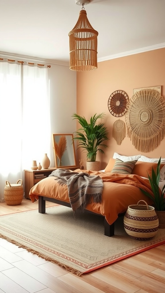 A cozy boho bedroom featuring earthy tones and natural textures.
