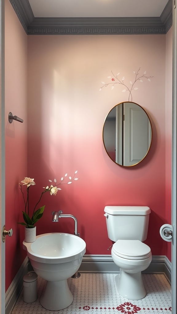 A beautifully painted bathroom with an ombre wall effect in soft pink tones, featuring a mirror and decorative flowers.