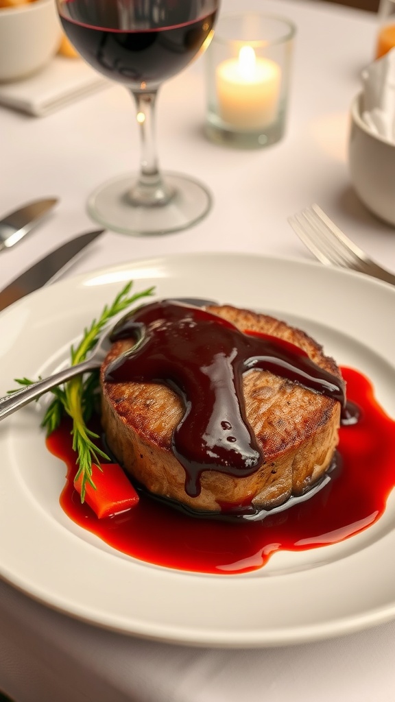 Plate of filet mignon topped with red wine reduction sauce, garnished with a sprig of rosemary and a side of vegetables.