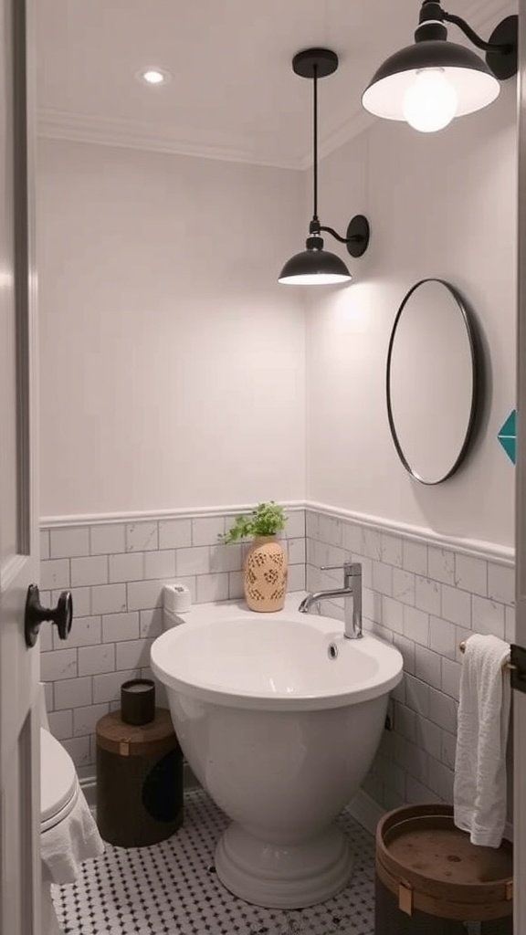 A cozy bathroom with modern black pendant lights, a round mirror, and decorative accents.