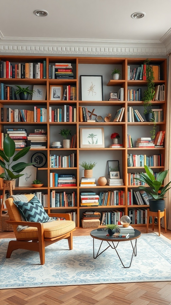 A cozy living room featuring a stylish bookshelf with plants and decorative items.