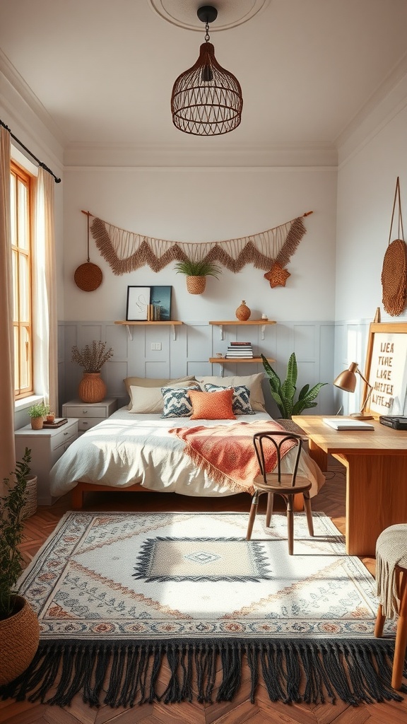A beautifully designed boho bedroom featuring a bed, desk, and decorative elements.