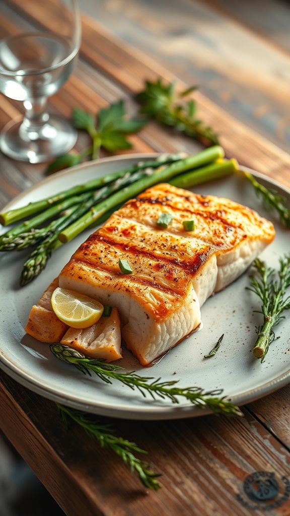 A plate of grilled salmon with asparagus and lemon slices, set on a rustic wooden table.
