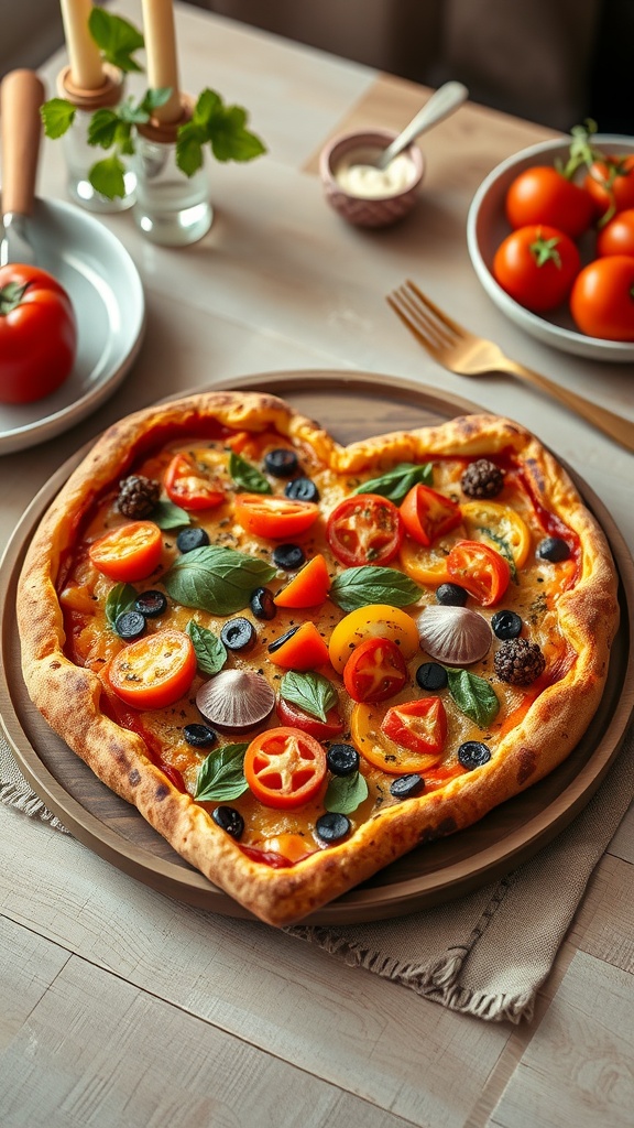 A heart-shaped vegan pizza topped with colorful vegetables on a wooden plate.