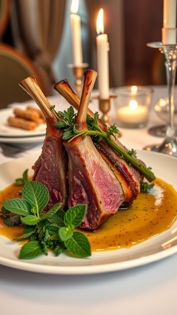 A beautifully presented herb-crusted rack of lamb garnished with herbs, served on a plate with sauce.