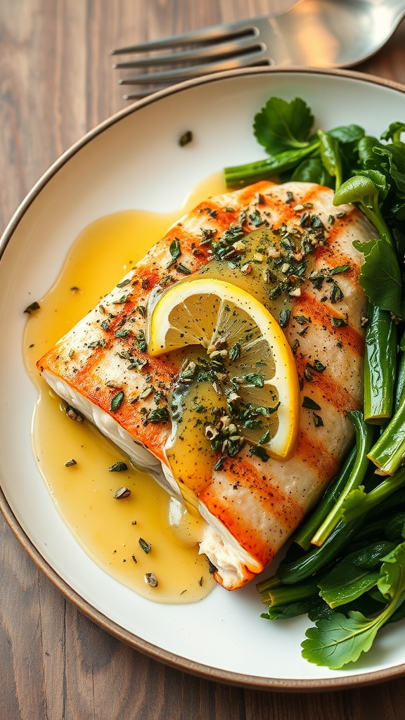 A plate of herb-crusted salmon topped with lemon slices and herbs, served with fresh greens.