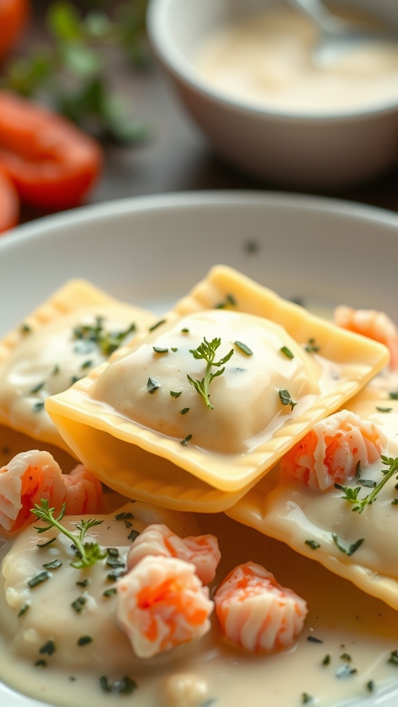 A plate of homemade lobster ravioli topped with cream sauce and garnished with herbs.