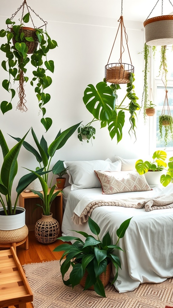 A boho bedroom featuring various indoor plants, including hanging and floor plants, creating a lush and inviting atmosphere.