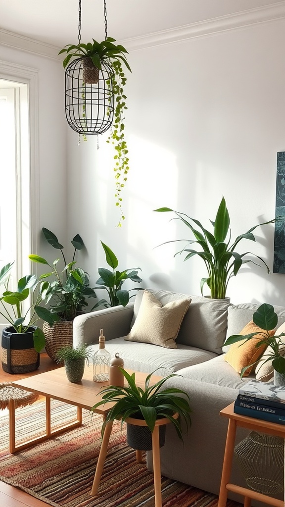 Cozy living room filled with various indoor plants near a window.