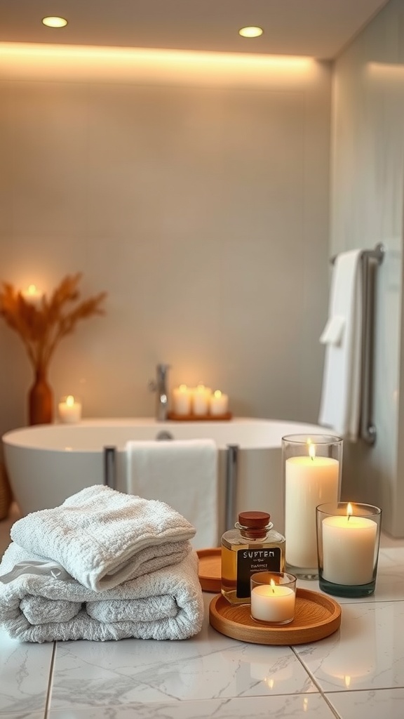 A cozy bathroom setting with towels, candles, and a bath tub.
