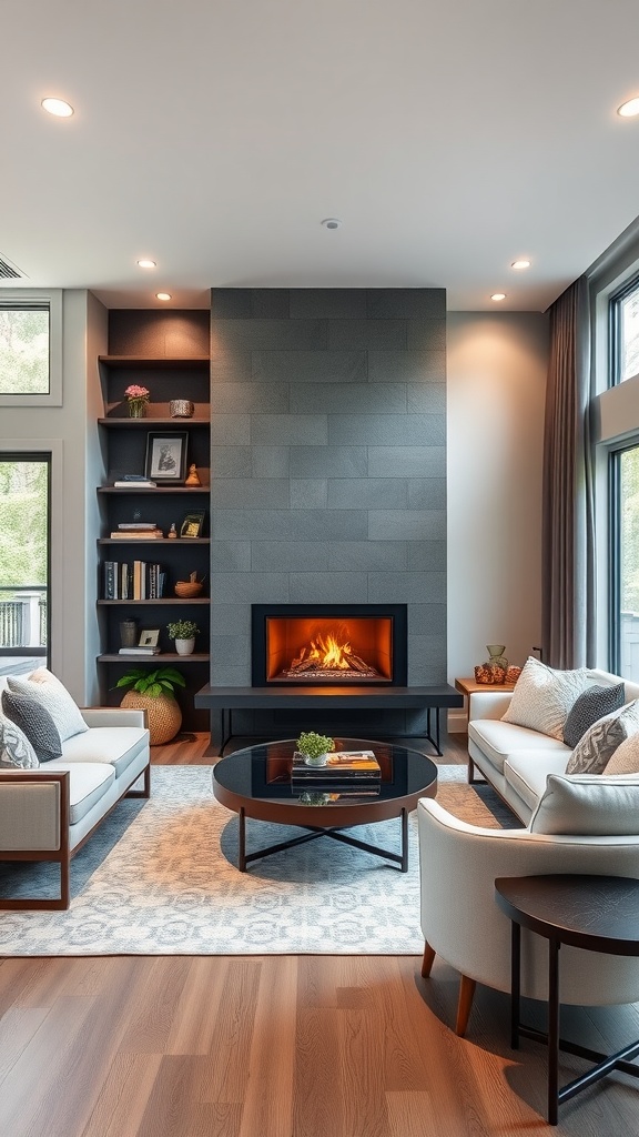 Cozy living room with a modern fireplace, comfortable seating, and decorative elements.