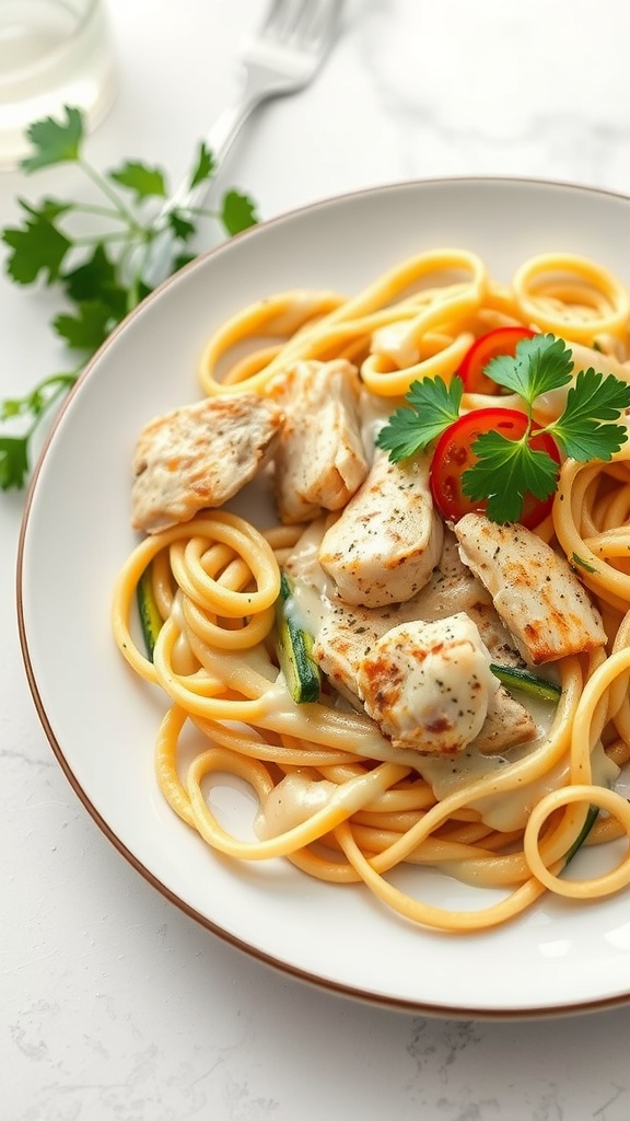 A plate of keto-friendly chicken Alfredo with grilled chicken, pasta, and green garnish.