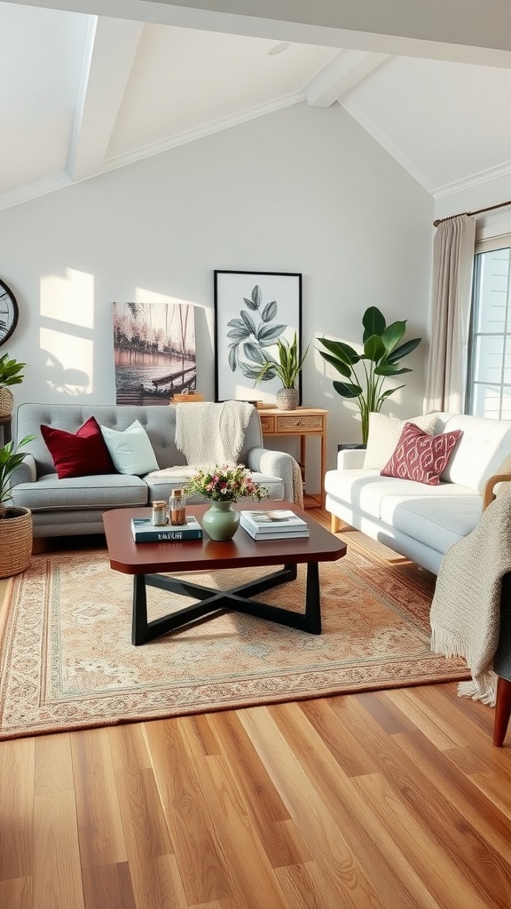 A cozy living room featuring layered rugs, comfortable seating, and decorative plants.