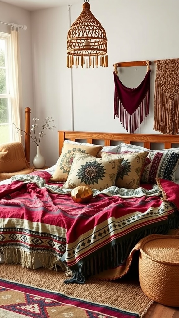 Cozy boho bedroom with layered textiles, featuring a red patterned blanket, decorative pillows, and a woven light fixture.