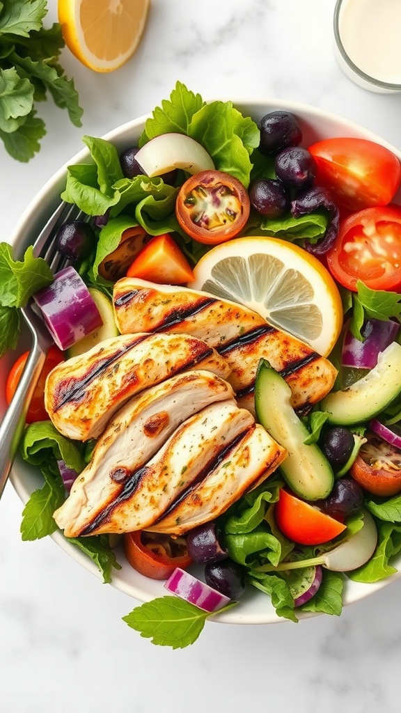 A delicious Lemon Herb Grilled Chicken Salad with grilled chicken fillets, fresh vegetables, and lemon slices.