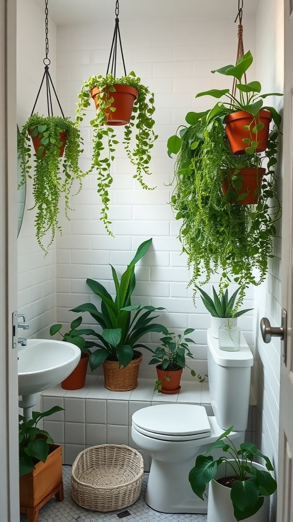 A small bathroom filled with various hanging and potted plants, creating a fresh and vibrant atmosphere.