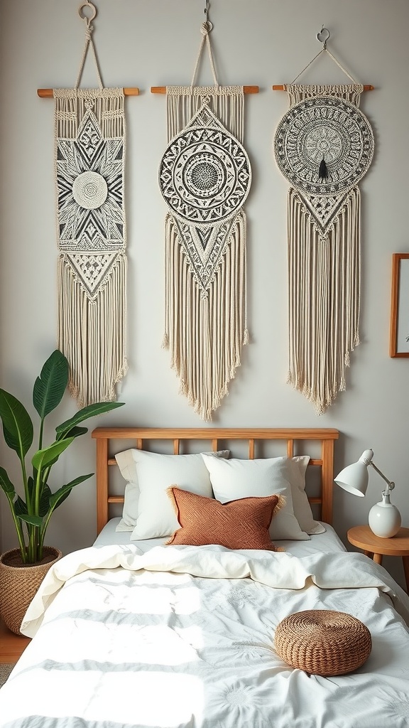 A cozy boho bedroom featuring macramé wall hangings, a wooden bed with white bedding, and green plants.