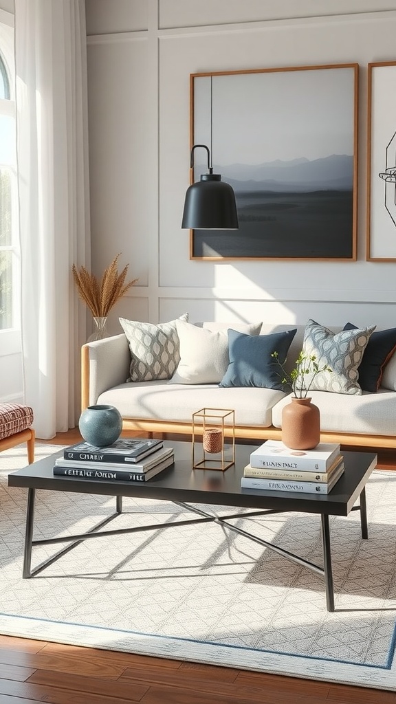 A stylish living room with a multi-purpose coffee table, featuring books and decorative items.