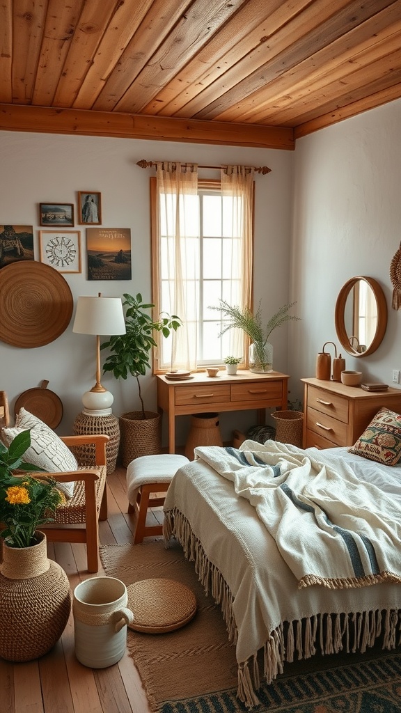 A cozy boho bedroom featuring natural wood elements, with a wooden ceiling, furniture, and decor.