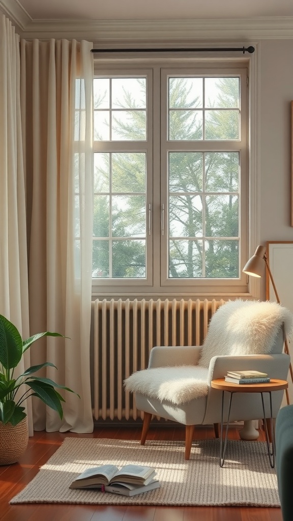 A cozy nook with a chair, small table, and plant, illuminated by natural light from a window.