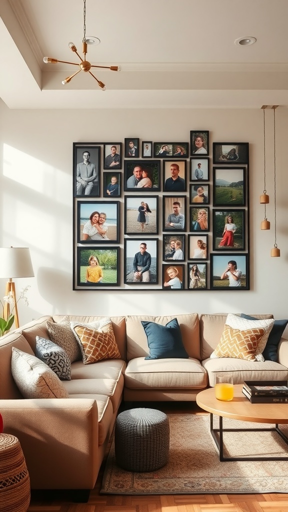A cozy living room with a personalized artwork wall display, featuring various framed photos and prints.