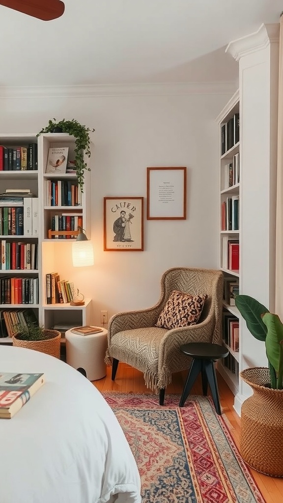 A cozy reading nook with a chair, bookshelves, and plants.