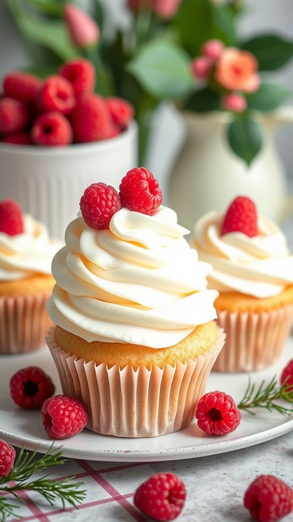 Delicious raspberry almond flour cupcakes topped with creamy frosting and fresh raspberries.