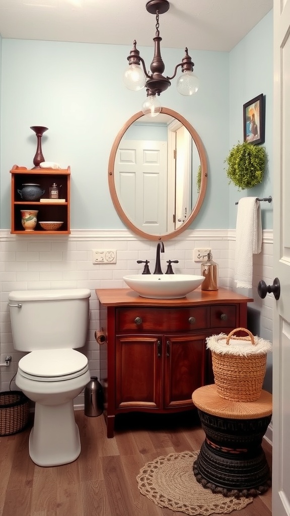 A stylish bathroom with repurposed furniture including a wooden vanity and decorative storage.