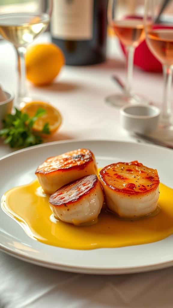 A plate of seared scallops with lemon butter sauce, garnished with lemon and surrounded by wine glasses.