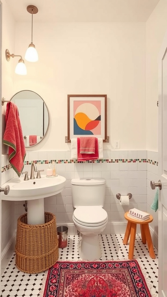 A bright and stylish bathroom featuring colorful towels, a patterned rug, and modern decor.