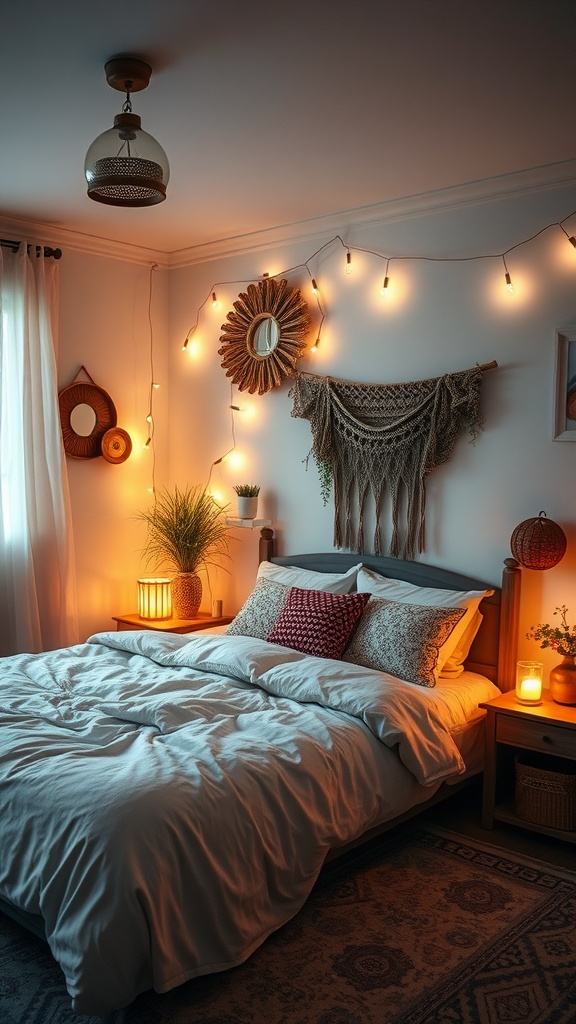 A cozy boho bedroom with soft lighting, featuring string lights, warm lamps, and decorative elements.