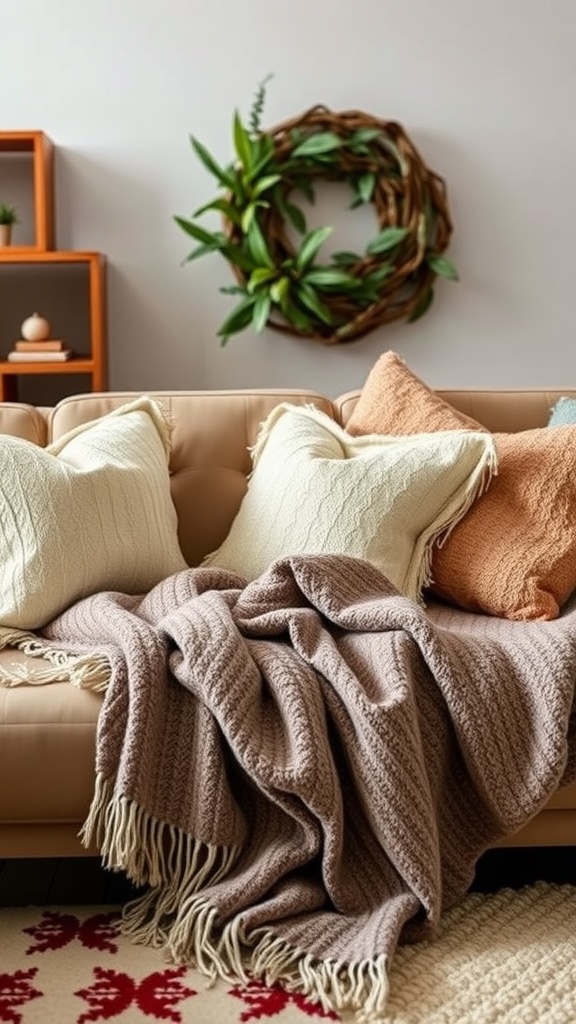 A cozy living room with soft textiles, featuring a beige couch adorned with white and peach blankets and cushions.