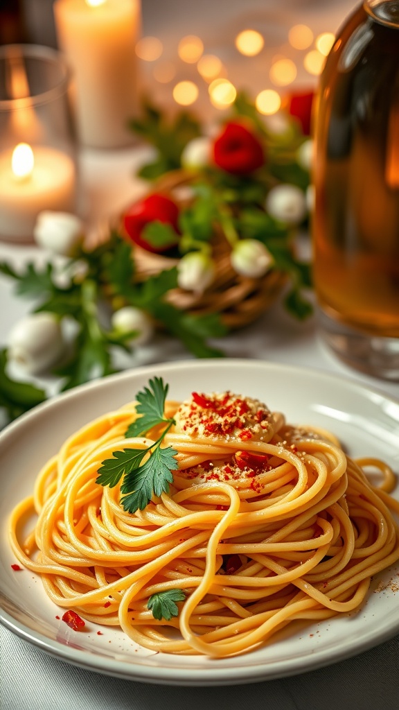 A plate of spaghetti aglio e olio topped with chili flakes and parsley, set on a romantic dining table with candles and flowers.