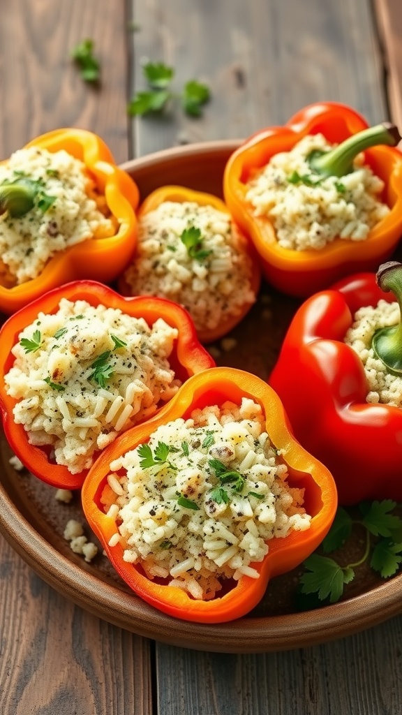 Stuffed bell peppers filled with cauliflower rice, garnished with herbs
