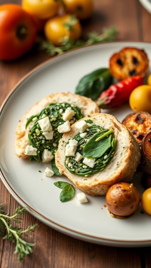 Stuffed chicken breast filled with spinach and feta, served with roasted vegetables.